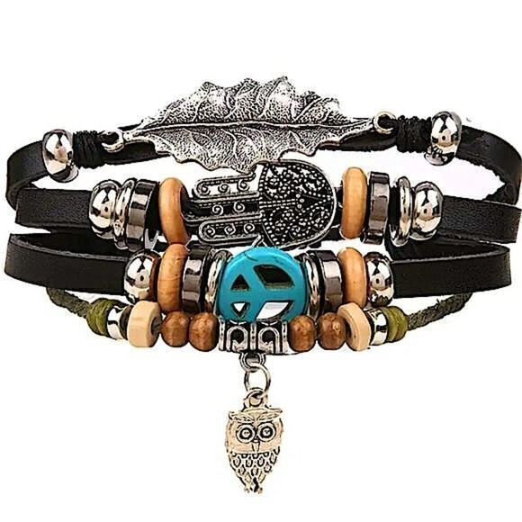 Rustic Festival Statement Bracelet Hand of Fatima, Owl & Leaf Charm Jewelry - Picture 2 of 5